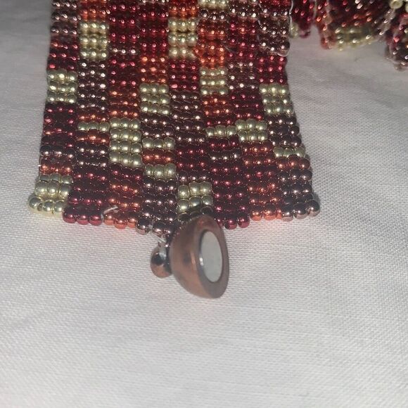 Vintage Handmade Seed Bead Copper Tone Patchwork Bracelet - Picture 9 of 13